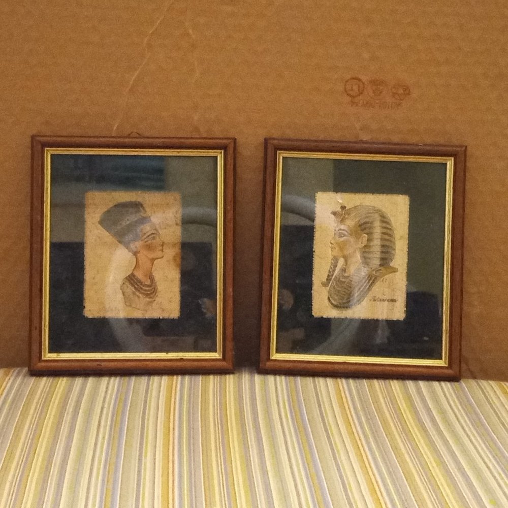 Vintage Egyptian papyrus King TUT and NEFERTITI Paintings